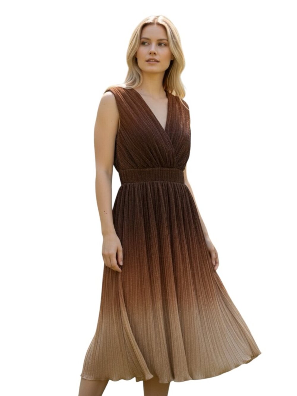 Dress the Population Brown Gold Pleated Metallic Midi Dress L Sleeveless Party - Picture 1 of 10